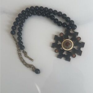 Heidi Daus Beaded Maltese Cross Necklace Black Orange Enamel Rhinestone Vintage